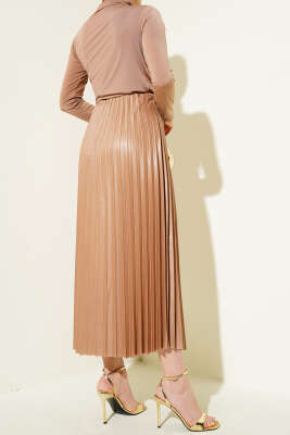 Pileli Deri Görünümlü Bel Lastikli Etek Camel - Uzun Etek
