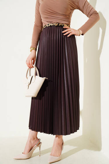 Pileli Deri Görünümlü Bel Lastikli Etek Kahve - Etek