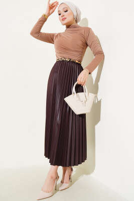 Pileli Deri Görünümlü Bel Lastikli Etek Kahve - Uzun Etek