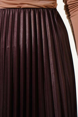 Pileli Deri Görünümlü Bel Lastikli Etek Kahve - Uzun Etek