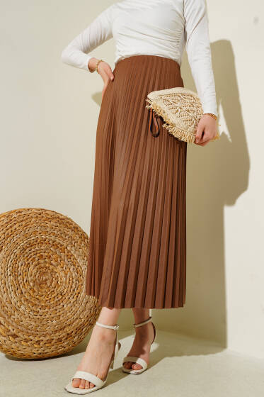 Pileli Deri Görünümlü Bel Lastikli Etek Latte - Etek