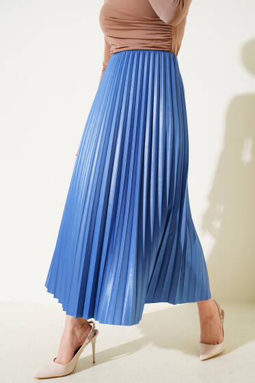 Pileli Deri Görünümlü Bel Lastikli Etek Mavi - Etek