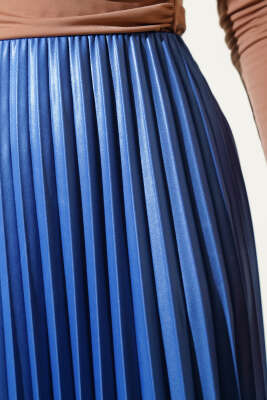 Pileli Deri Görünümlü Bel Lastikli Etek Mavi - Uzun Etek