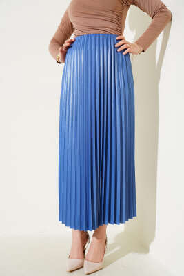 Pileli Deri Görünümlü Bel Lastikli Etek Mavi - Uzun Etek