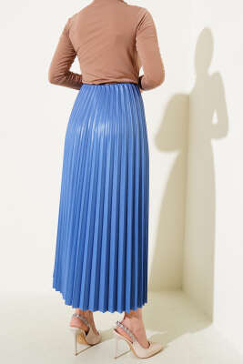 Pileli Deri Görünümlü Bel Lastikli Etek Mavi - Uzun Etek