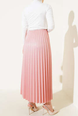 Pileli Deri Görünümlü Bel Lastikli Etek Pudra - Uzun Etek