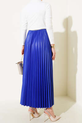 Pileli Deri Görünümlü Bel Lastikli Etek Saks - Uzun Etek