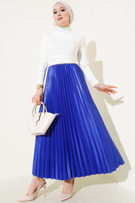 Pileli Deri Görünümlü Bel Lastikli Etek Saks - Uzun Etek