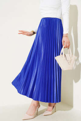 Pileli Deri Görünümlü Bel Lastikli Etek Saks - Uzun Etek