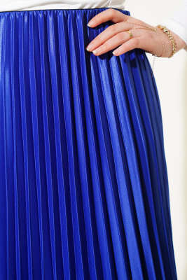 Pileli Deri Görünümlü Bel Lastikli Etek Saks - Uzun Etek