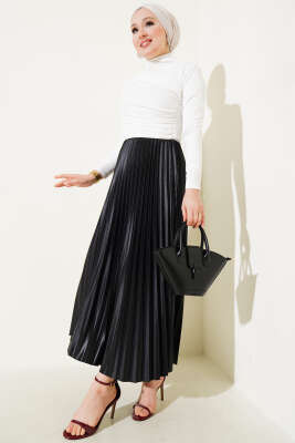 Pileli Deri Görünümlü Bel Lastikli Etek Siyah - Uzun Etek
