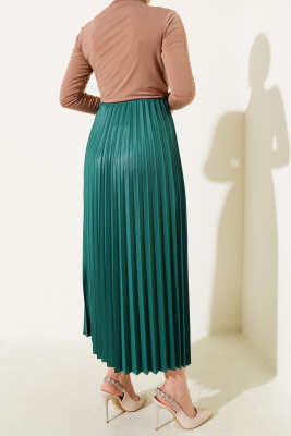 Pileli Deri Görünümlü Bel Lastikli Etek Yeşil - Uzun Etek