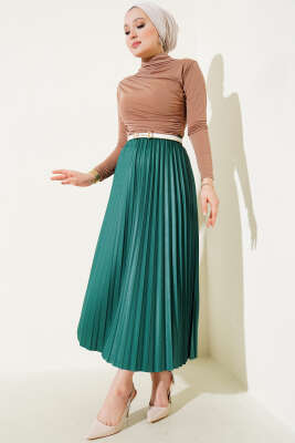 Pileli Deri Görünümlü Bel Lastikli Etek Yeşil - Uzun Etek