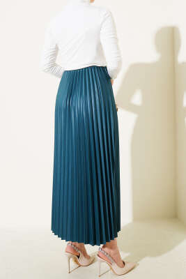 Pileli Deri Görünümlü Bel Lastikli Etek Zümrüt - Uzun Etek