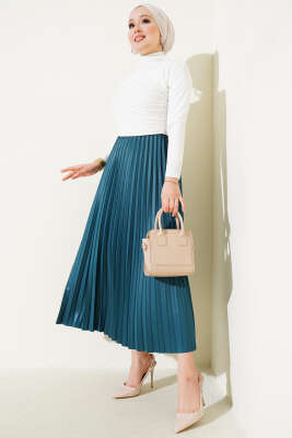 Pileli Deri Görünümlü Bel Lastikli Etek Zümrüt - Uzun Etek