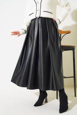 Pileli Deri Kloş Etek Siyah - Uzun Etek