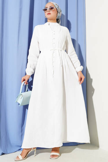 Pileli Düğme Detaylı Elbise Beyaz - Elbise