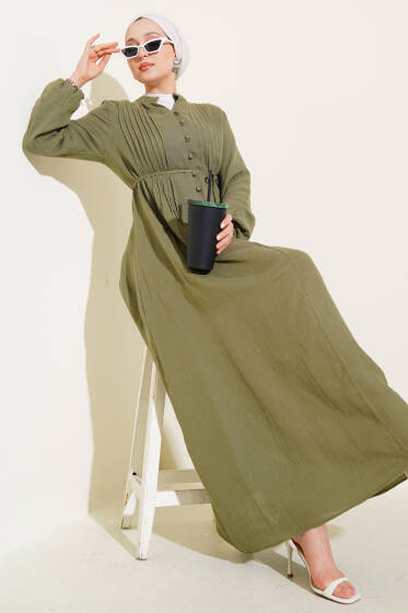 Pileli Düğme Detaylı Elbise Haki - Elbise