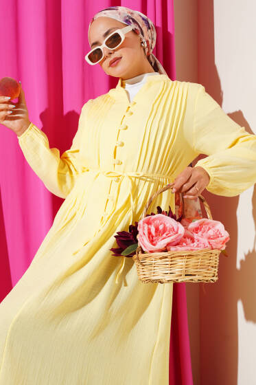 Pileli Düğme Detaylı Elbise Lime - Elbise