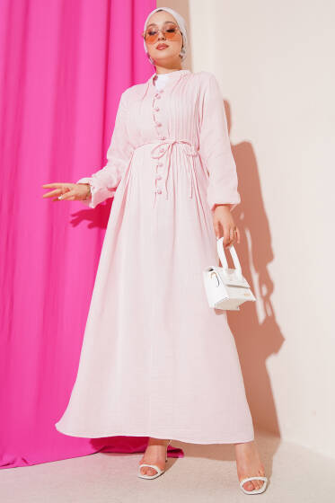 Pileli Düğme Detaylı Elbise Pembe - Elbise