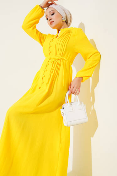 Pileli Düğme Detaylı Elbise Sarı - Elbise