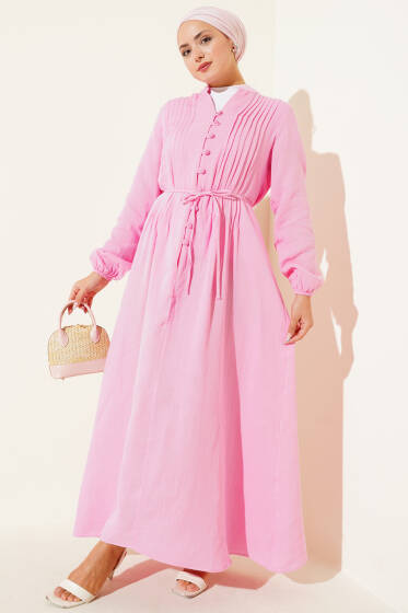 Pileli Düğme Detaylı Elbise Şeker Pembe - Elbise