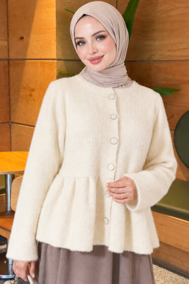 Pileli Düğmeli Sakallı Hırka Ekru - Hırka