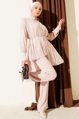Pileli Düğmeli Şifon İkili Takım Bej - NK BY KORKUT