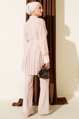 Pileli Düğmeli Şifon İkili Takım Bej - İkili Takım