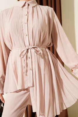 Pileli Düğmeli Şifon İkili Takım Bej - İkili Takım