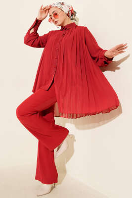 Pileli Düğmeli Şifon İkili Takım Bordo - NK BY KORKUT