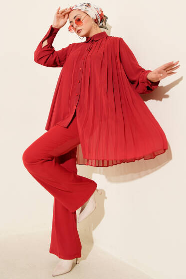 Pileli Düğmeli Şifon İkili Takım Bordo - İkili Takım