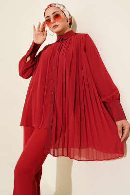 Pileli Düğmeli Şifon İkili Takım Bordo - İkili Takım