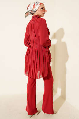 Pileli Düğmeli Şifon İkili Takım Bordo - İkili Takım