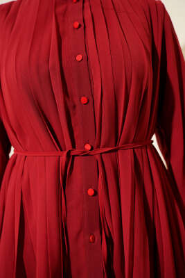 Pileli Düğmeli Şifon İkili Takım Bordo - İkili Takım