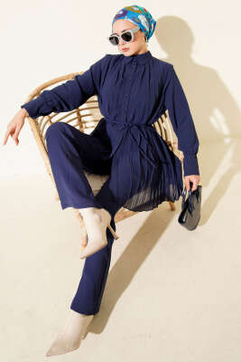 Pileli Düğmeli Şifon İkili Takım Lacivert - NK BY KORKUT