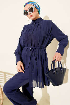 Pileli Düğmeli Şifon İkili Takım Lacivert - İkili Takım