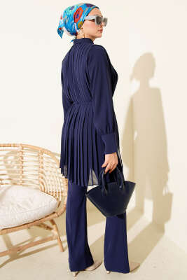 Pileli Düğmeli Şifon İkili Takım Lacivert - İkili Takım