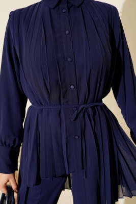 Pileli Düğmeli Şifon İkili Takım Lacivert - İkili Takım