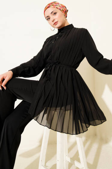 Pileli Düğmeli Şifon İkili Takım Siyah - İkili Takım