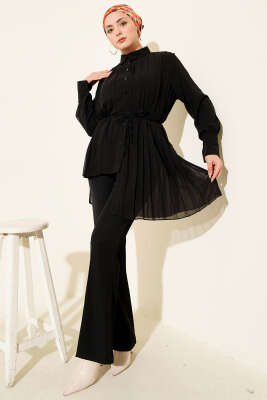 Pileli Düğmeli Şifon İkili Takım Siyah - İkili Takım