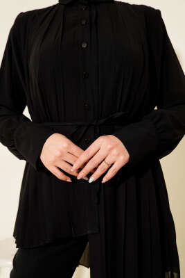 Pileli Düğmeli Şifon İkili Takım Siyah - İkili Takım