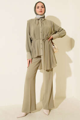 Pileli Düğmeli Şifon İkili Takım Yeşil - NK BY KORKUT