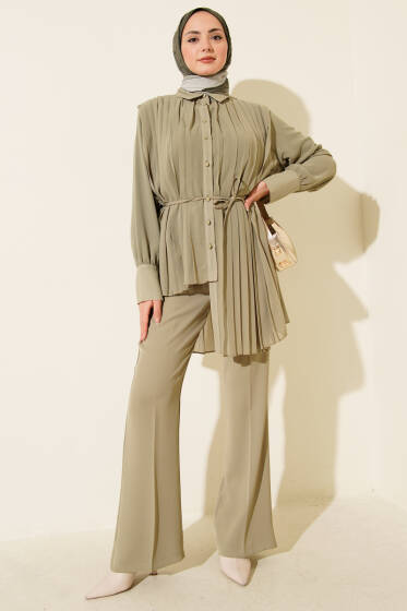 Pileli Düğmeli Şifon İkili Takım Yeşil - İkili Takım