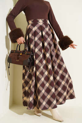 Pileli Ekoseli Fermuarlı Etek Acı Kahve - BERAT TEKSTİL