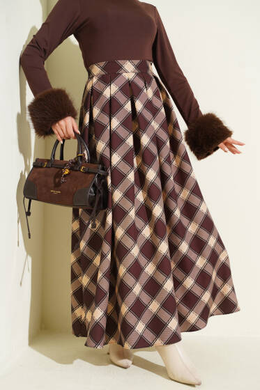 Pileli Ekoseli Fermuarlı Etek Acı Kahve - Etek