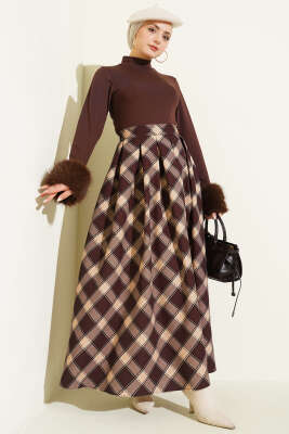 Pileli Ekoseli Fermuarlı Etek Acı Kahve - Etek