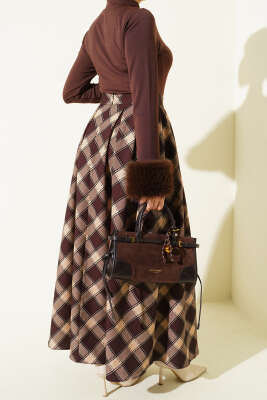 Pileli Ekoseli Fermuarlı Etek Acı Kahve - Etek