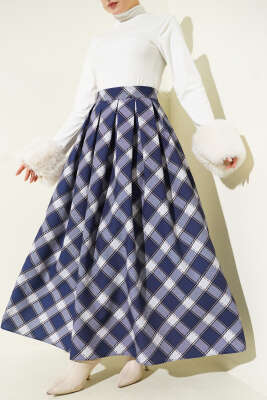 Pileli Ekoseli Fermuarlı Etek Lacivert - BERAT TEKSTİL