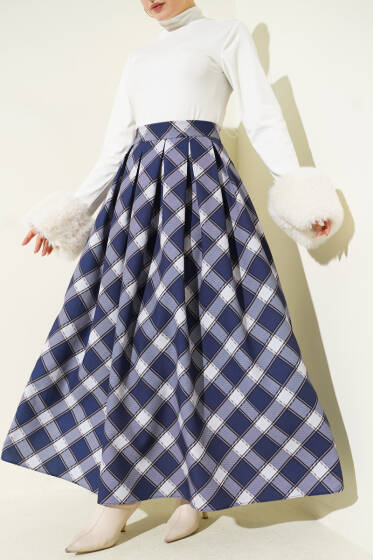 Pileli Ekoseli Fermuarlı Etek Lacivert - Etek